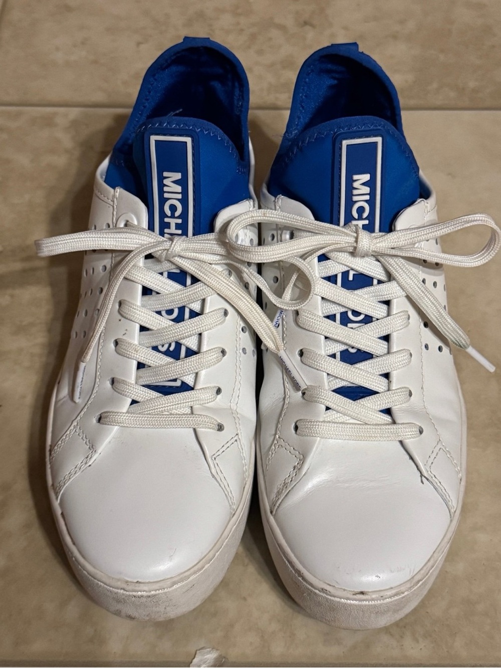 Michael Kors Women’s White Leather Sneakers with Blue Accents